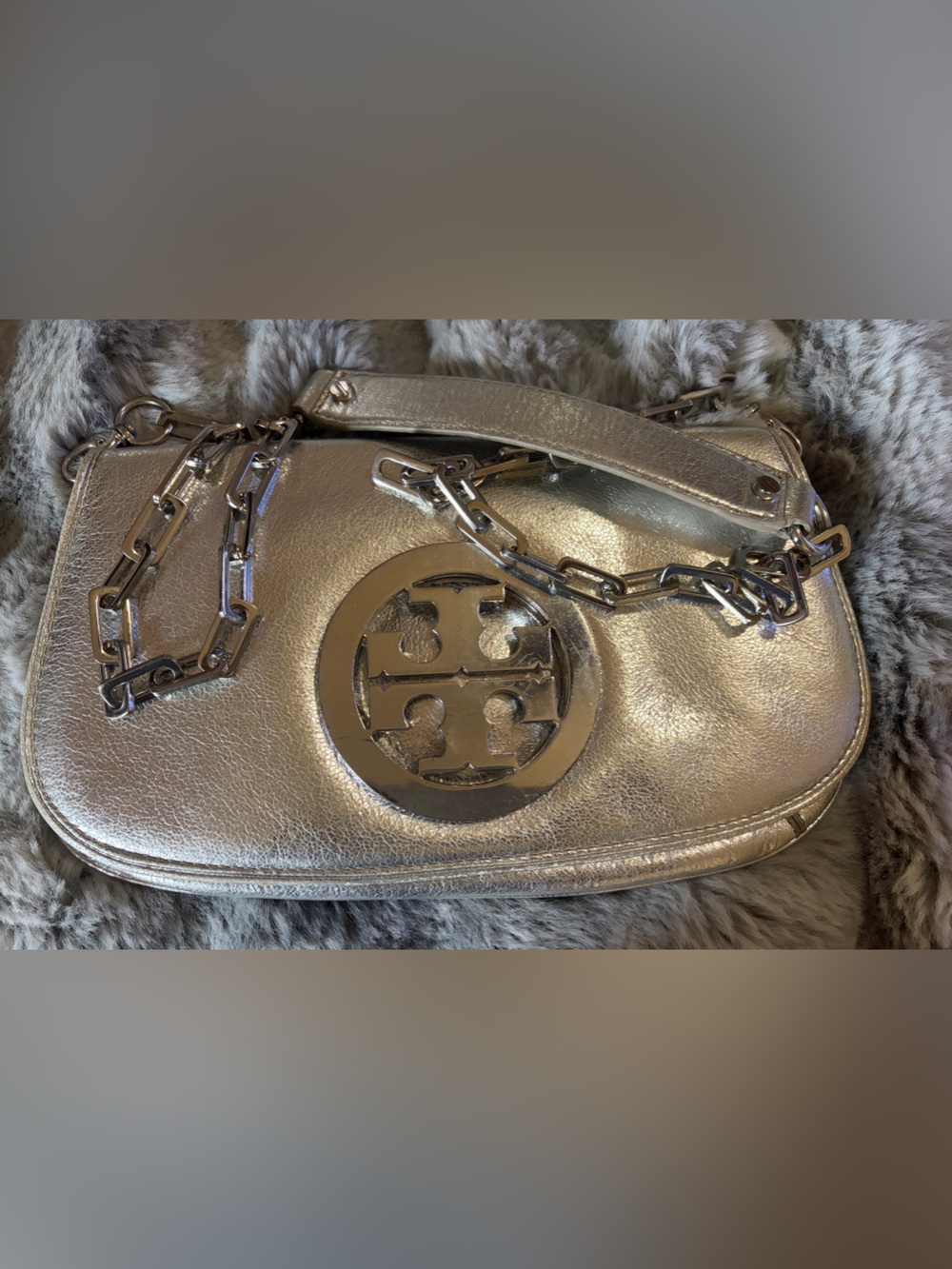 Tori Burch Metallic Silver Crossbody Bag with Chain Strap